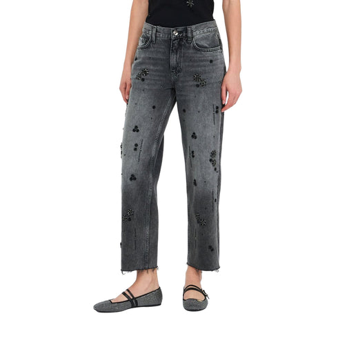 Jeans Donna straight con strass denim grigio modella frontale